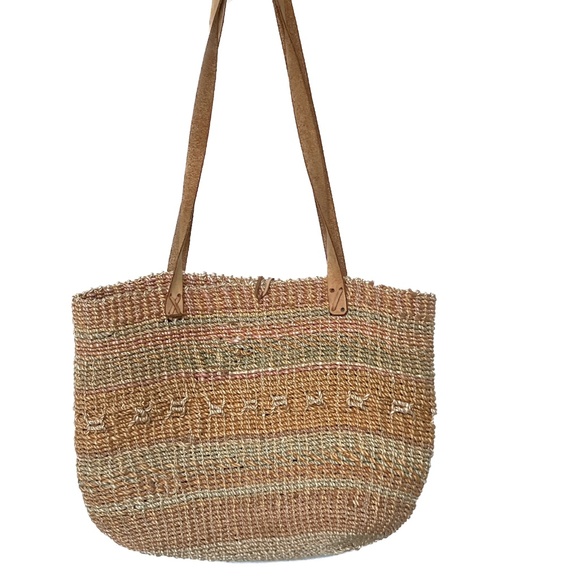Woven Sisal String Shoulder Bag  with Leather Straps Beige Orange Button Closure - Picture 2 of 8